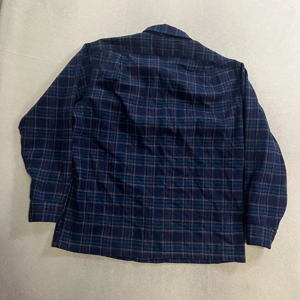 Vintage Pendleton Loop Collar Wool Shirt Men's Large Blue Plaid DAMAGED 60s 70s